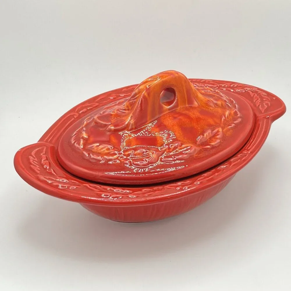 Vintage California USA Pottery Oval Red Glazed Casserole Serving Dish 2936 w/Lid